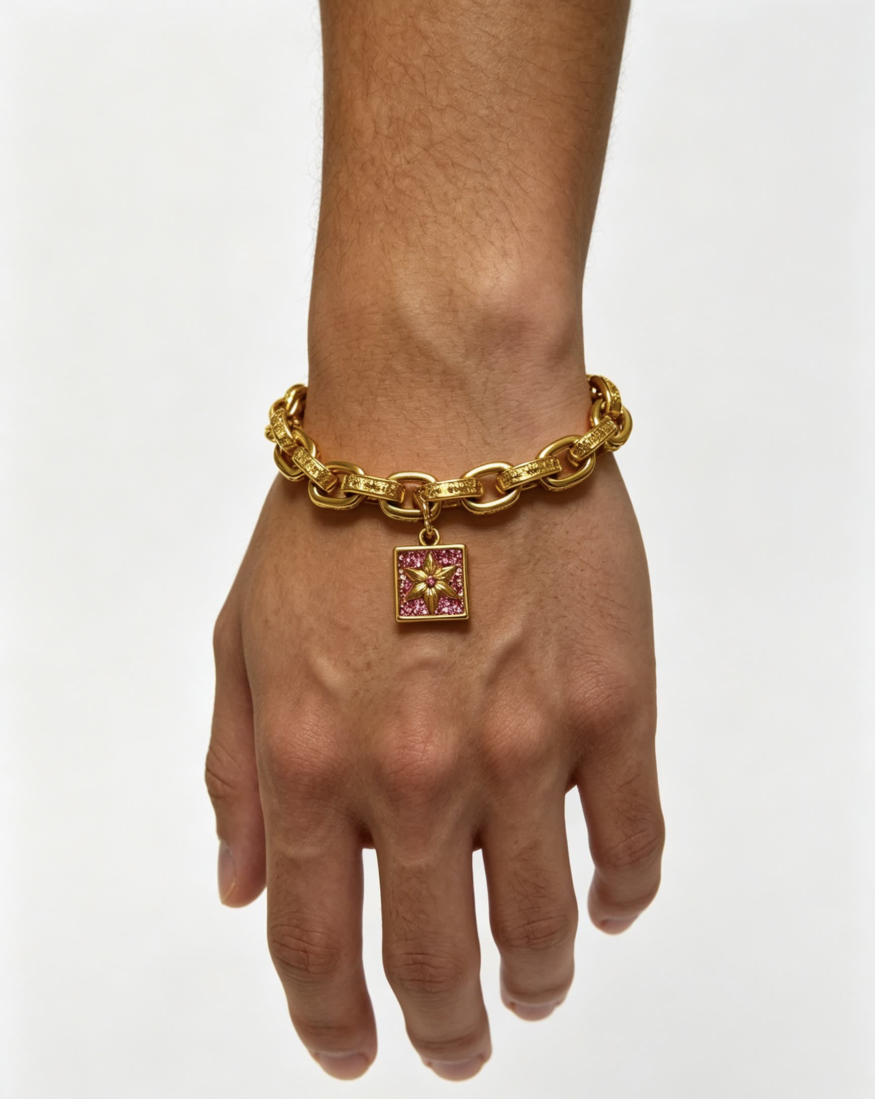 Chrome Hearts Gold Tone Bracelet with Pink Crystal Charm